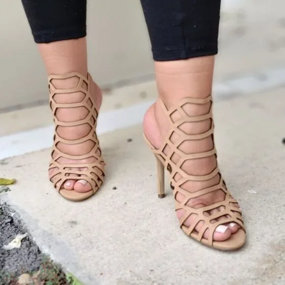 Women's Slingback Stiletto Sandal Peep Toe Hollow Beige Color - Picture 2 of 4